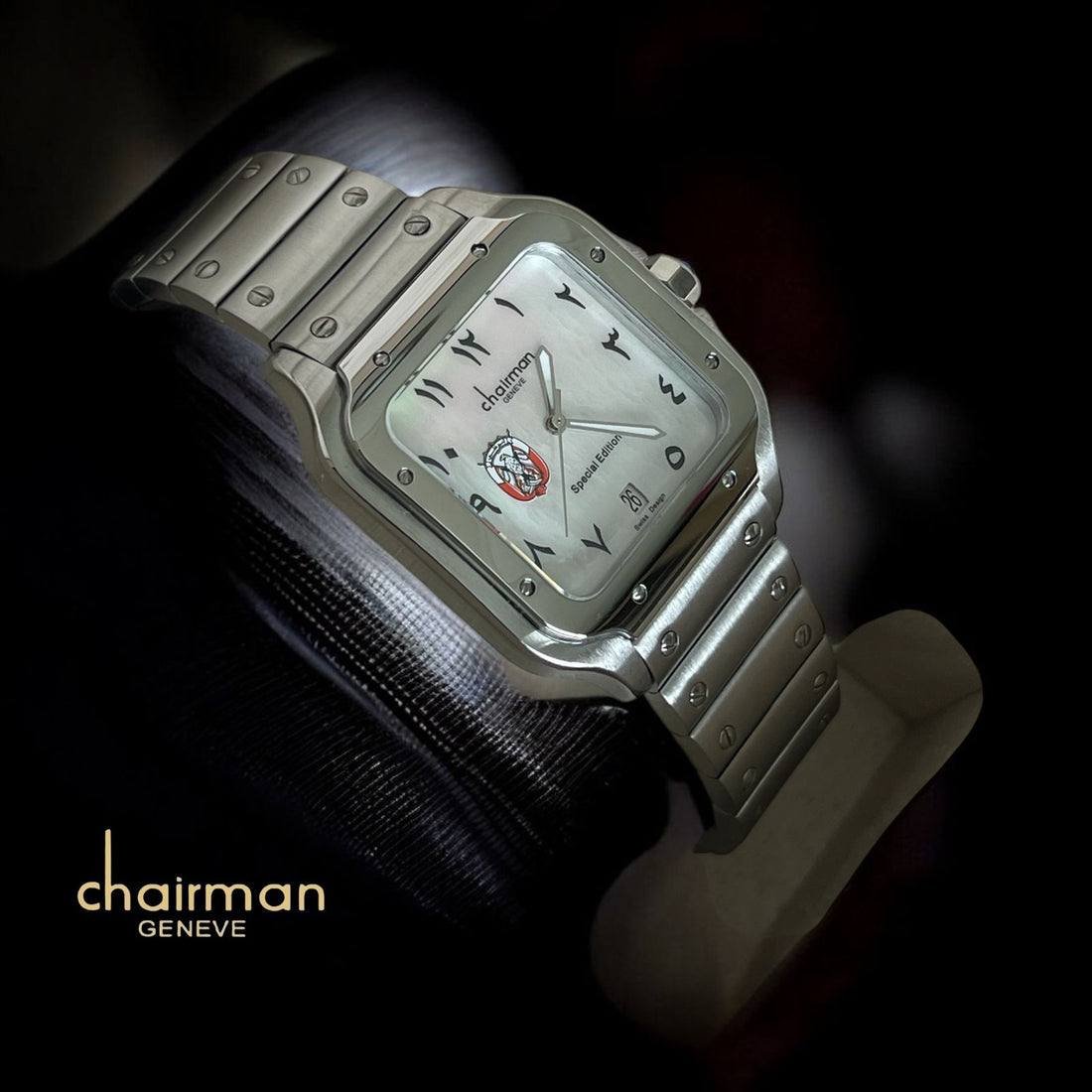 Chairman Geneve ABU DHABI Emblem Arabic Dated Grey Dial Silver Strap Gents Watch