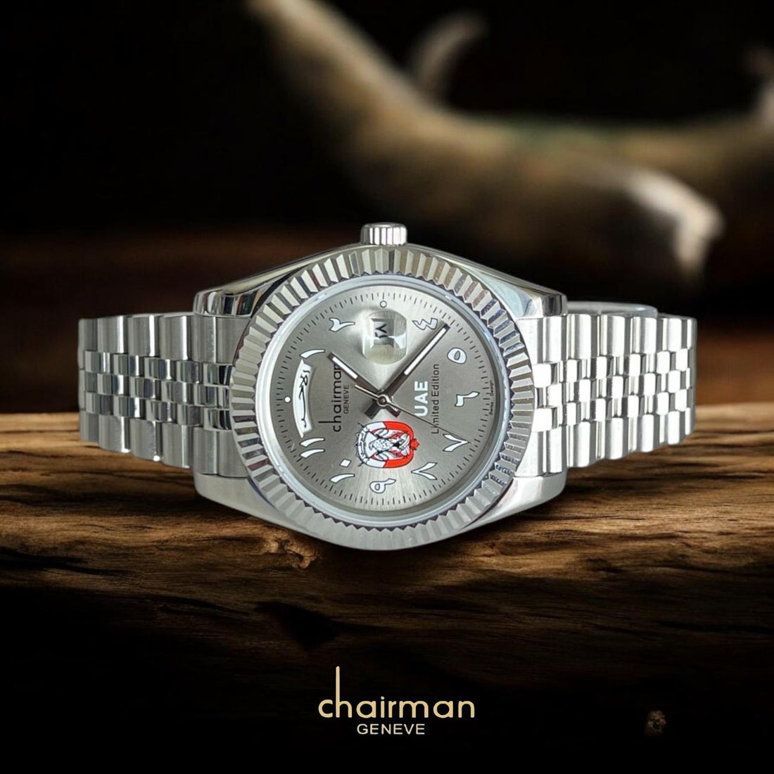 Chairman Geneve ABU DHABI Emblem Arabic Grey Dated Dial Silver Chain Gents Watch