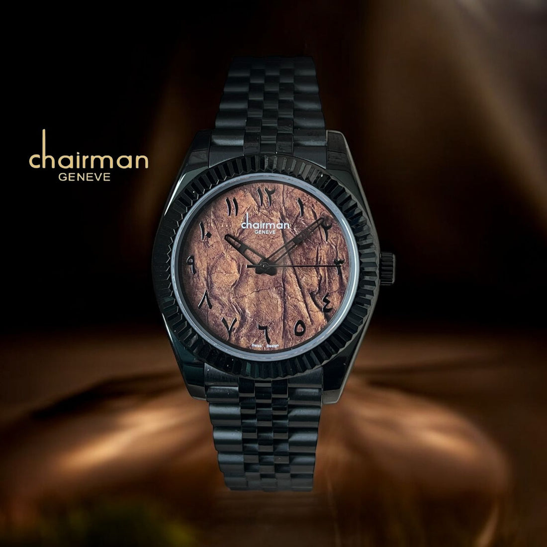 Chairman Geneve Arabic Brown Marble Dial Black Color Strap Gents Watch