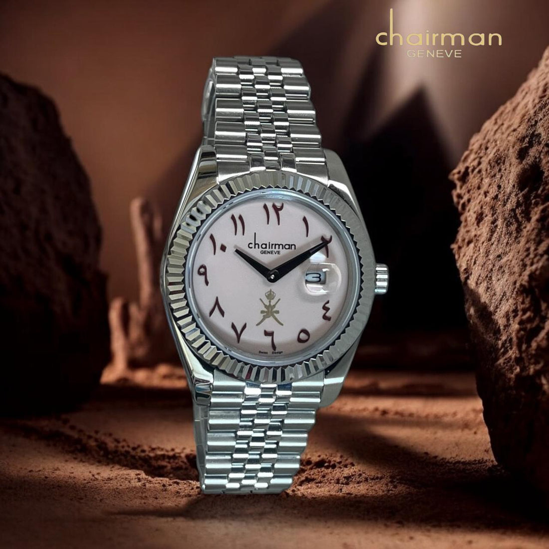 Chairman Geneve Arabic Dated Baby Pink Dial Silver Chain Gents Watch