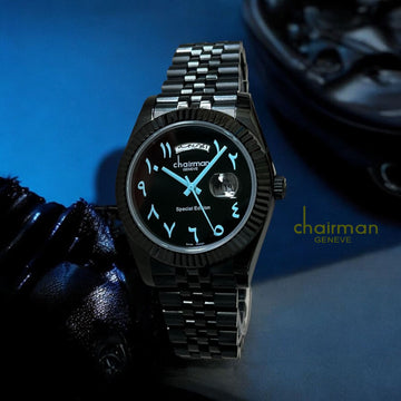Chairman Geneve Arabic Day And Dated Black Dial Black Strap Gents Watch