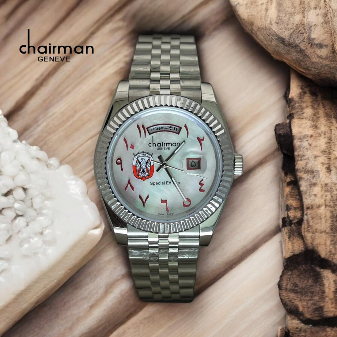 Chairman Geneve Arabic Dial Dated Silver Strap Mens Watch