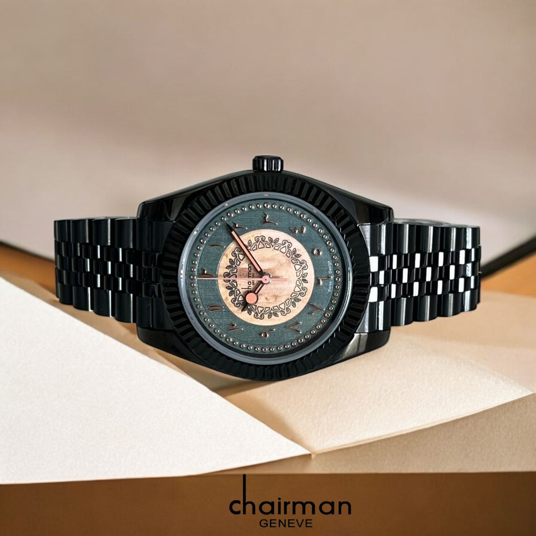 Chairman Geneve Arabic Green And Beige Dial Black Chain Gents Watch