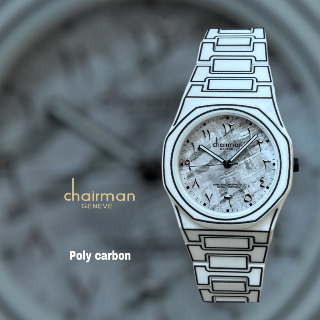 Chairman Geneve Arabic Grey Marble Dial White Poly Carbon Gents Watch