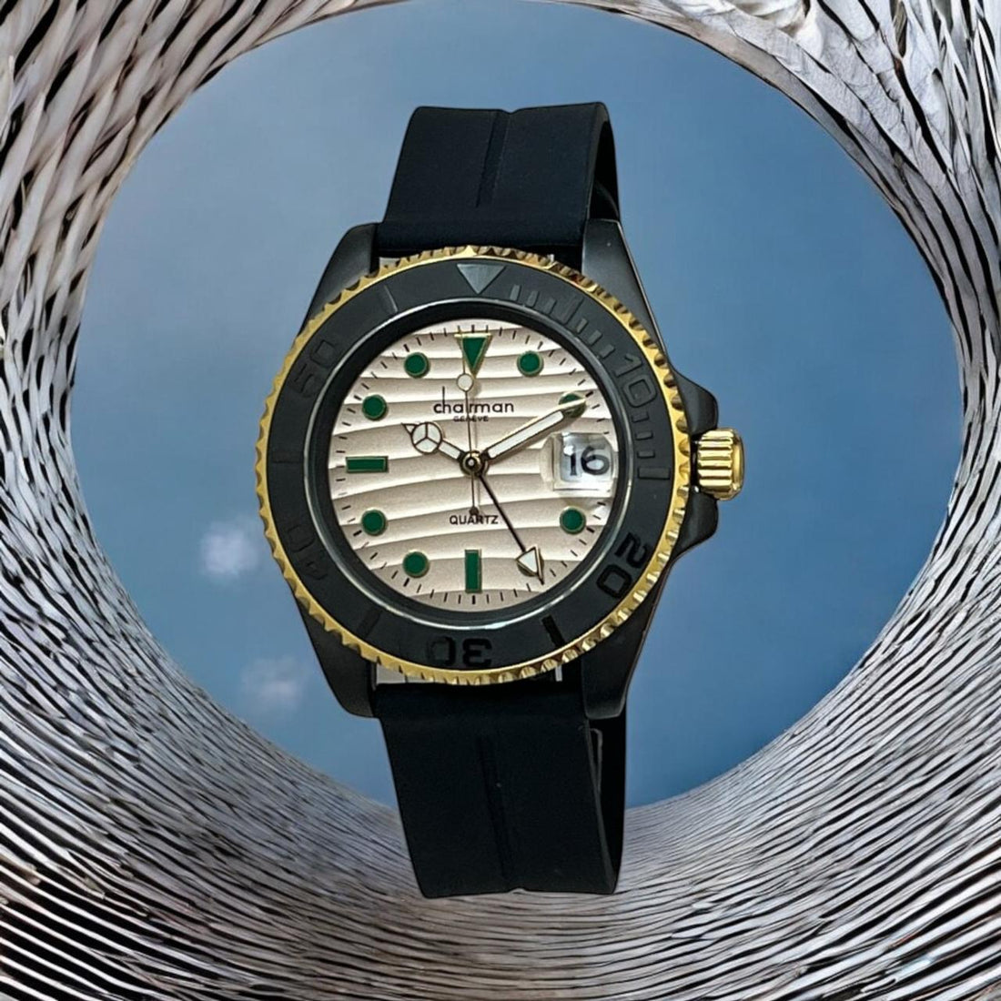 Chairman Geneve Cream Dated Dial Black Strap Unisex Watch