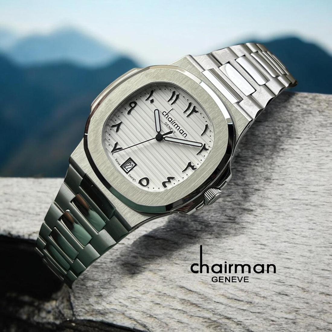 Chairman Geneve Dated Arabic White Dial Silver Chain Gents Watch