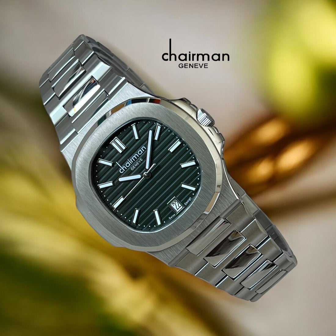 Chairman Geneve Dated Black Dial Silver Chain Gents Watch
