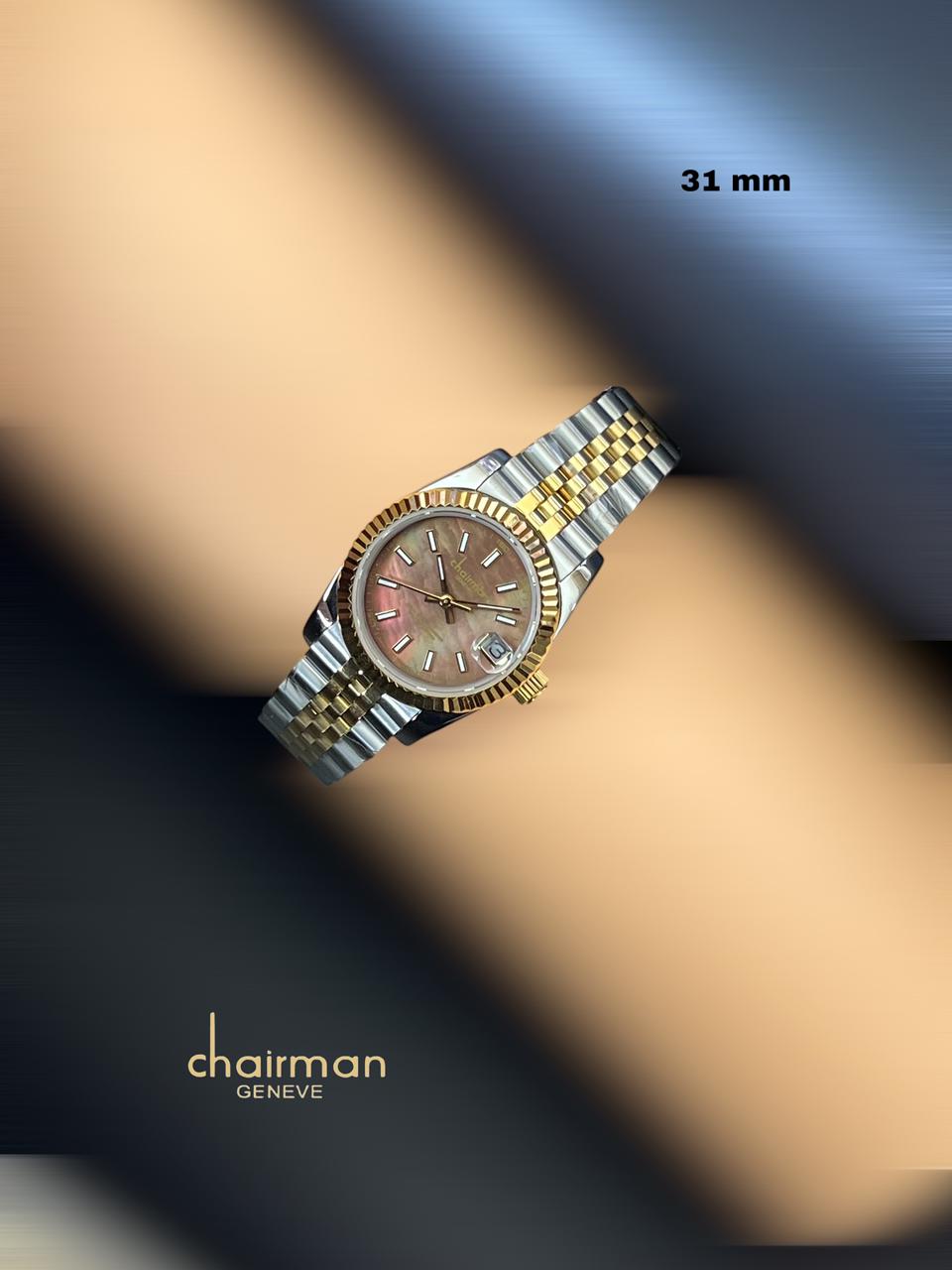 Chairman Geneve Dated Brown Dial Silver Gold Strap Ladies Watch