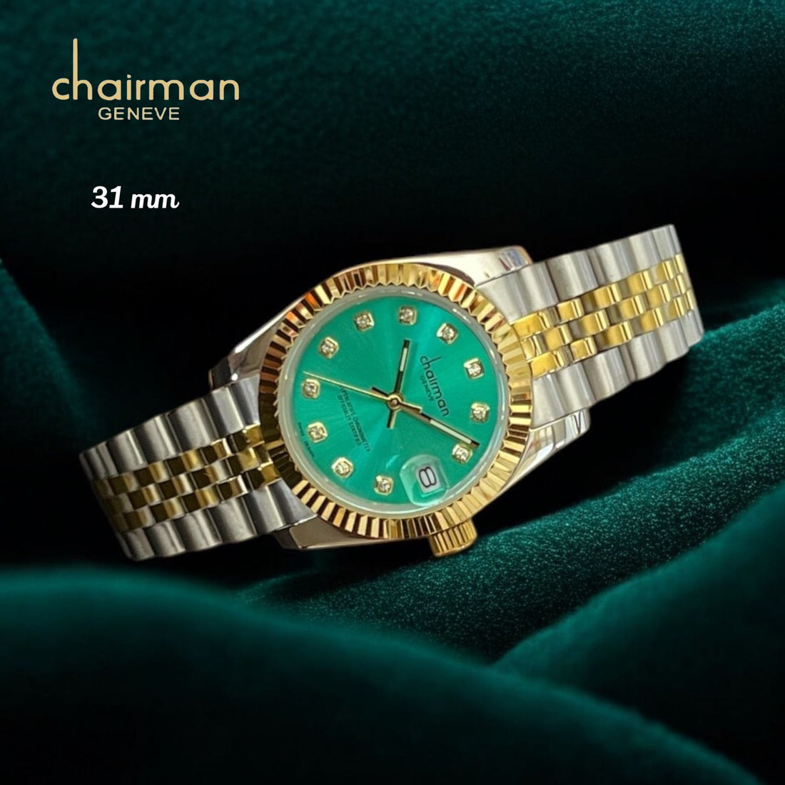 Chairman Geneve Dated Green Dial Silver And Gold Color Chain Gents Watch