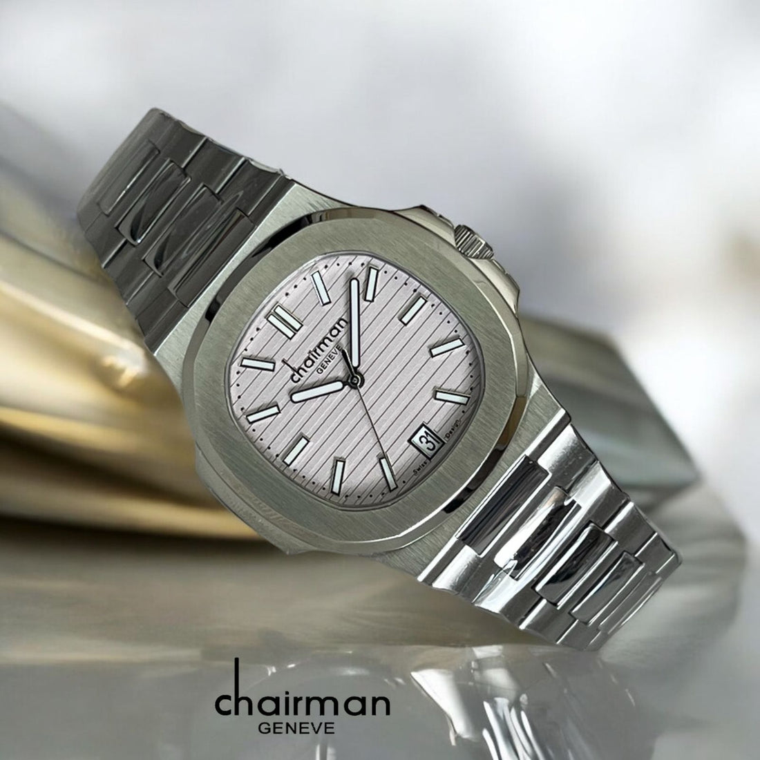 Chairman Geneve Dated Grey Dial Silver Chain Gents Watch
