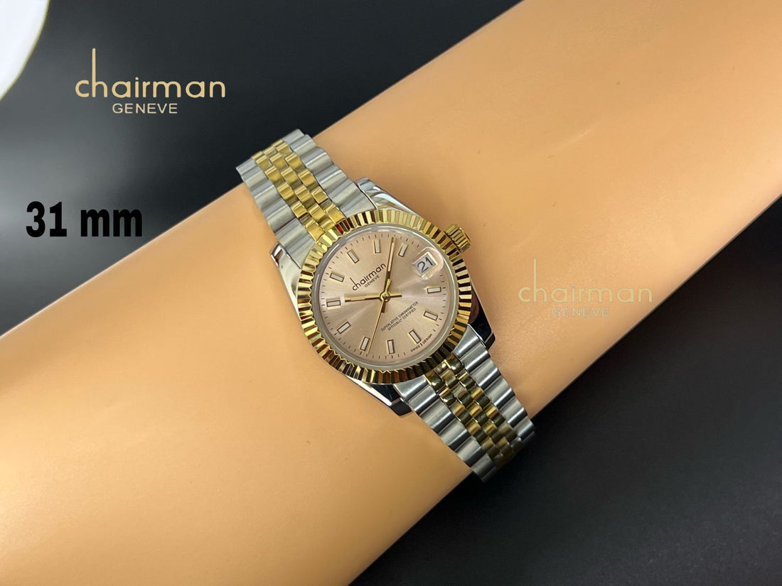 Chairman Geneve Dated Silver Gold Chain Gents Watch