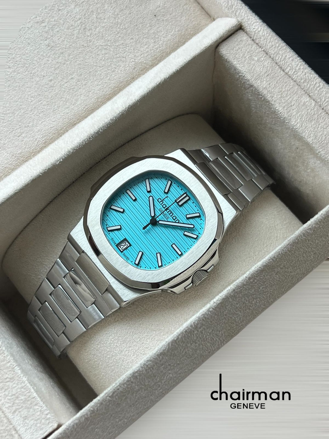 Chairman Geneve Dated Sky Blue Dial Silver Strap Gents Watch