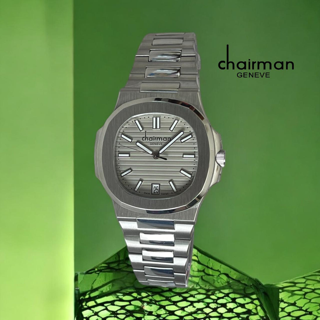 Chairman Geneve Grey Dated Dial Silver Chain Gents Watch