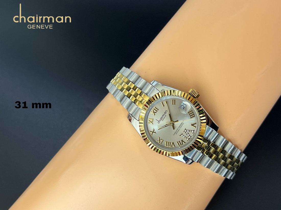 Chairman Geneve Grey Dated Roman Dial Silver Gold Chain Gents Watch