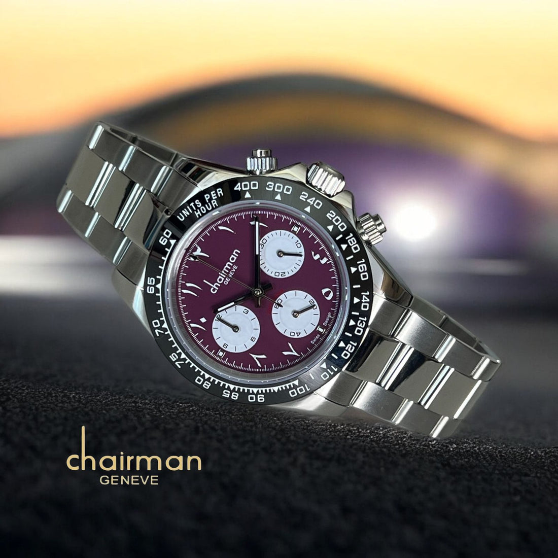 Chairman Geneve Maroon Color Arabic Dial Steel Strap Men's Watch