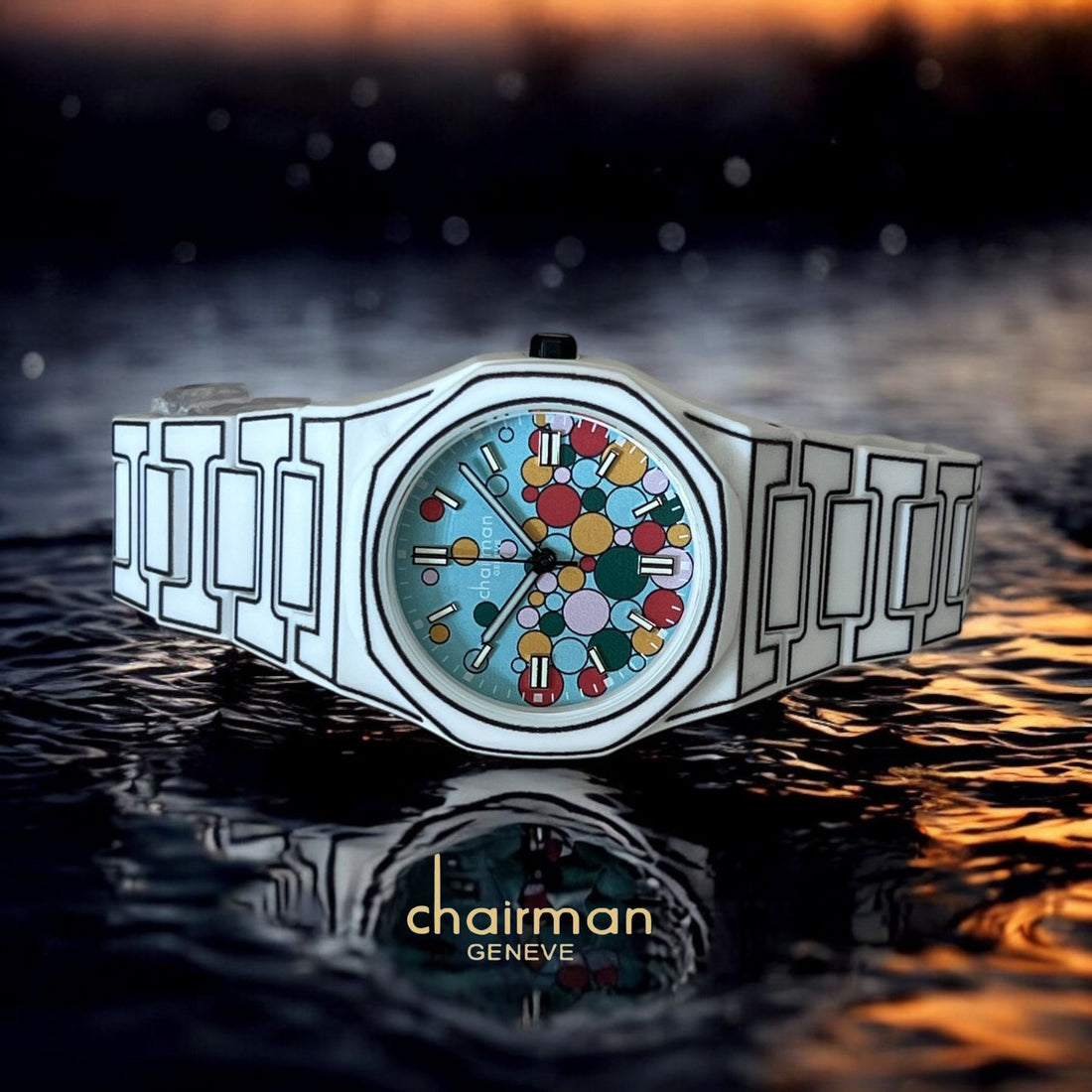 Chairman Geneve Multi Color Dial White And Black Poly Carbon Gents Watch