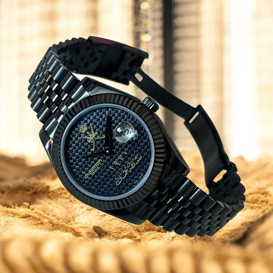 OMAN Emblem Dated Chairman Geneve Black Dial Black Chain Gents Watch