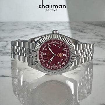 Chairman Geneve OMAN Emblem Maroon Dial Silver Chain Gents Watch