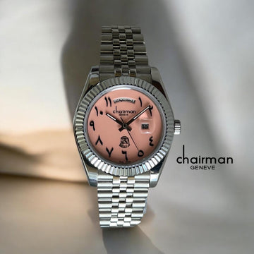 Chairman Geneve Pink Dated Arabic Dial Silver Strap Gents Watch