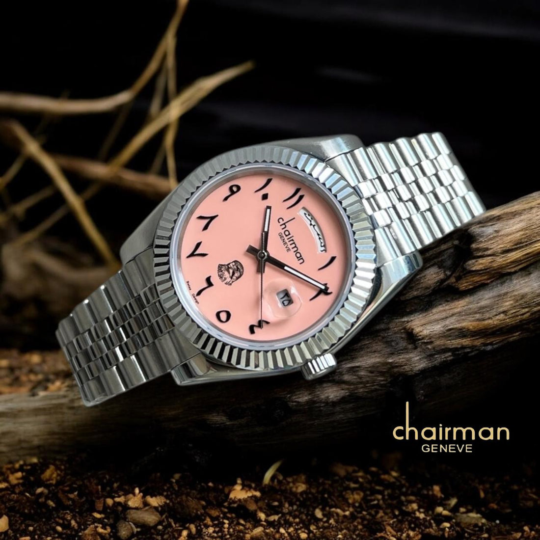 Chairman Geneve Pink Dated Arabic Dial Silver Strap Gents Watch