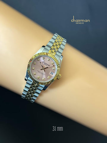 Chairman Geneve Pink Dated Dial Silver And Gold Strap Gents Watch