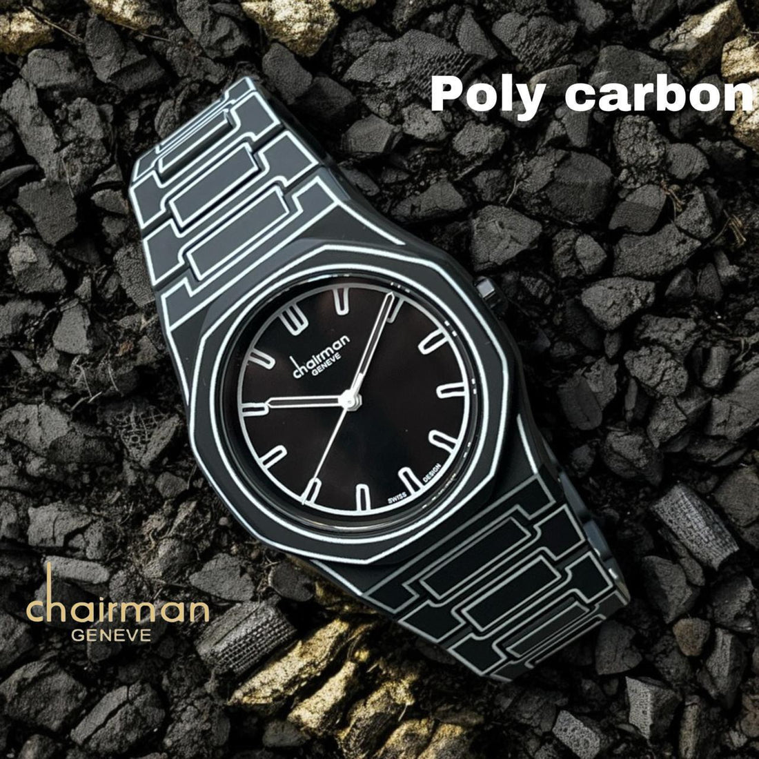 Chairman Geneve Poly Carbon Black And White Dial Strap Gents Watch