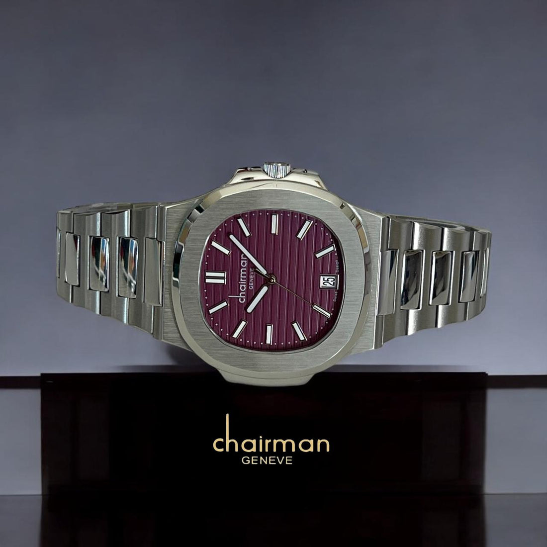 Chairman Geneve Purple Dated Dial Silver Chain Gents Watch
