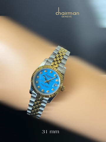 Chairman Geneve Sky Blue Dated Dial Gold And Silver Gents Watch