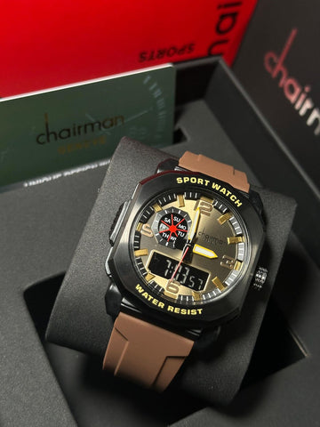 Chairman Geneve Sports Water Resist Golden Day And Time Dial Brown Strap Gents Watch