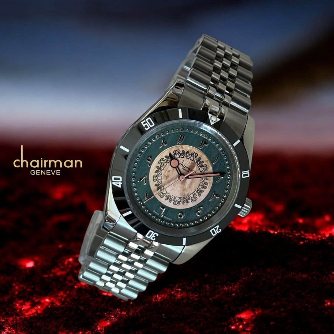 Chairman Geneve Swiss Design Arabic Multi Color Dial Silver Chain Gents Watch