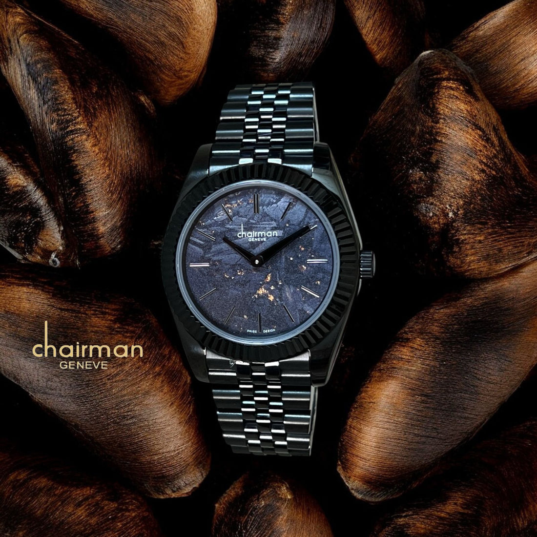 Chairman Geneve Swiss Design Black Marble Dial Black Gents Watch