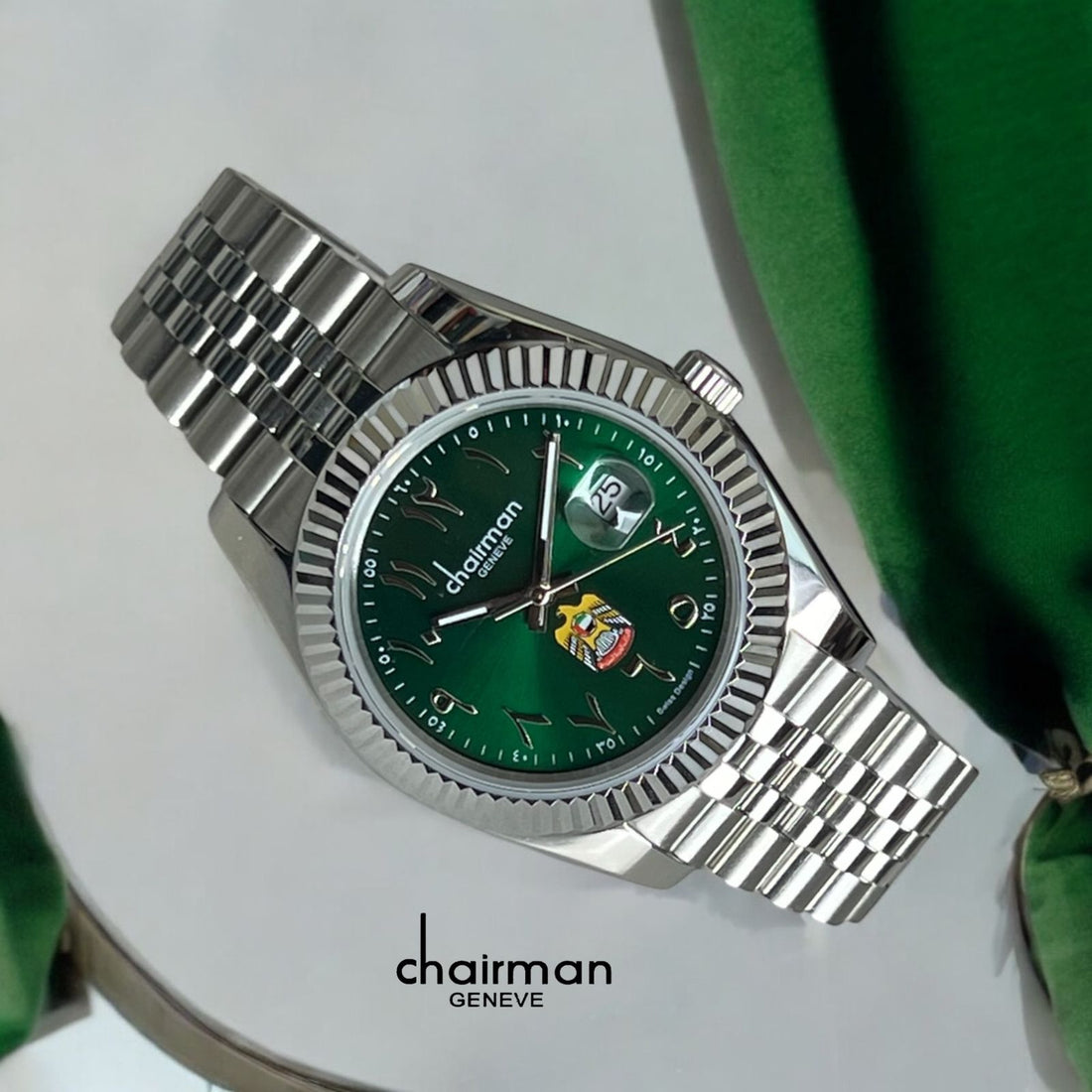Chairman Geneve UAE Emblem Arabic Dated Green Dial Silver Strap Gents Watch
