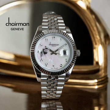 Chairman Geneve UAE Sheik Photo Dated Arabic White Marble Dial Silver Chain Gents Watch