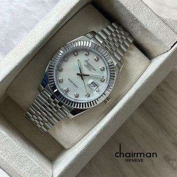 Chairman Geneve Water Resist White Dated Dial Silver Chain Gents Watch