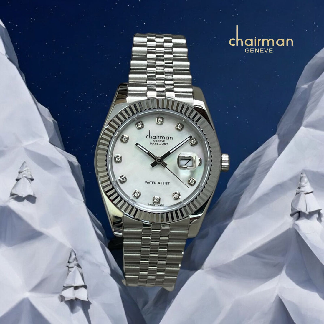 Chairman Geneve Water Resist White Dated Dial Silver Chain Gents Watch
