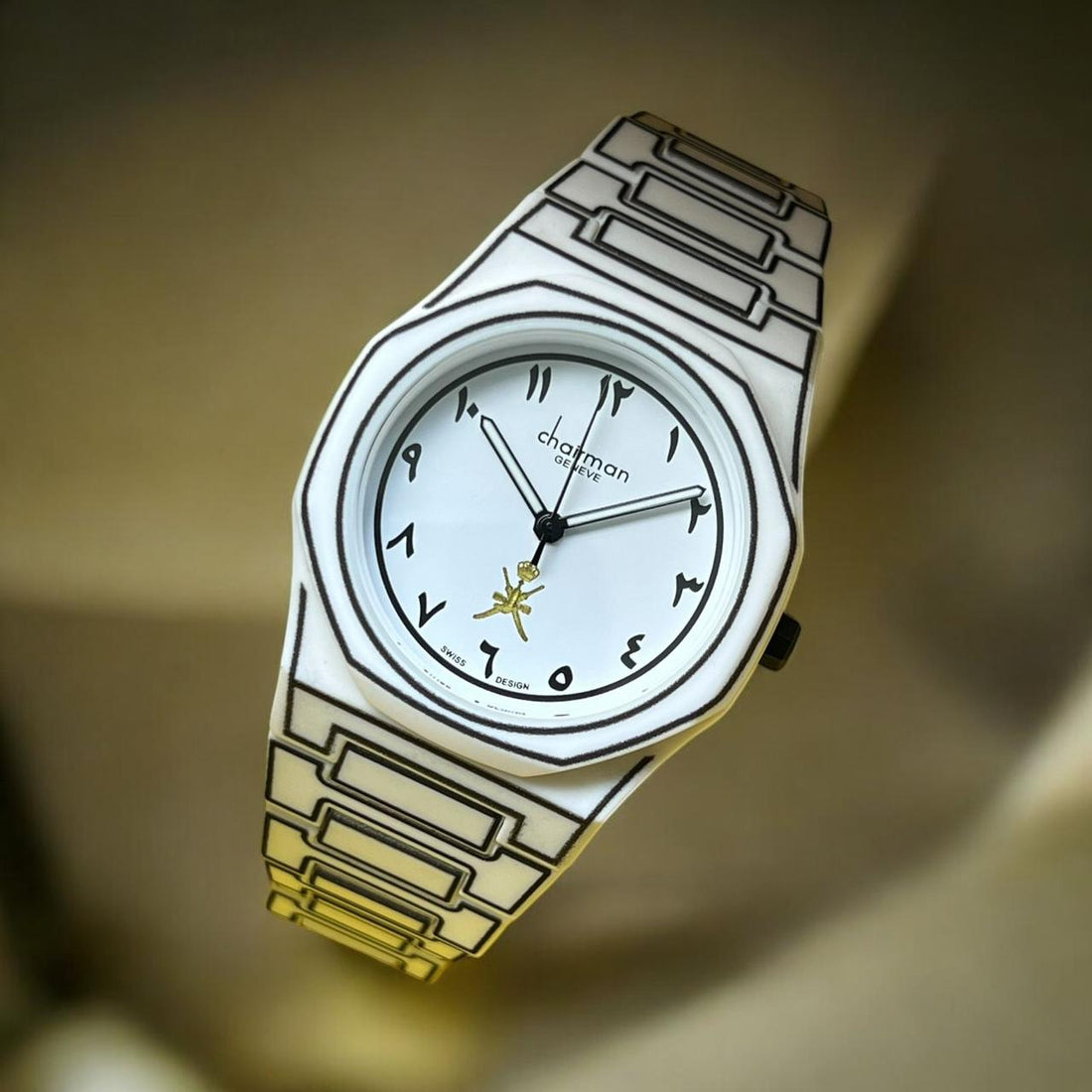 Chairman Geneve White Arabic Dial Swiss Design White And Black Gents Watch