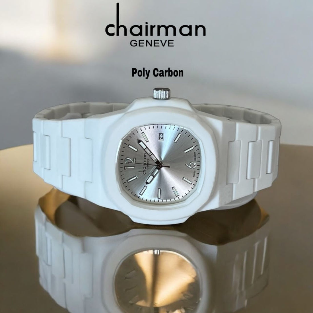 Chairman Geneve White Dated Poly Carbon Unisex Watch