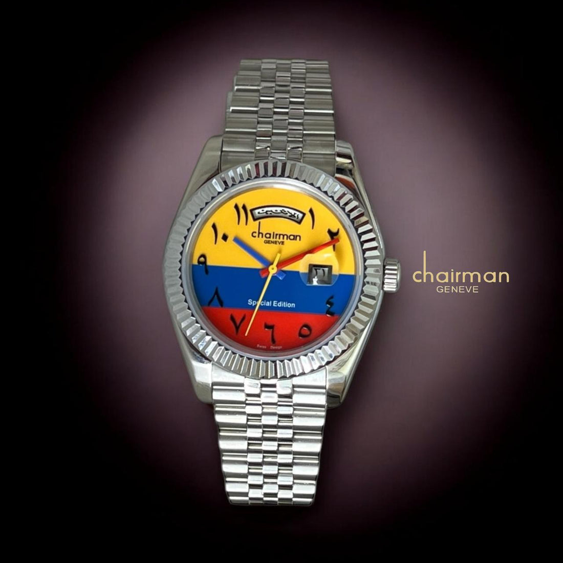 Colombia Fans Chairman Geneve Dated Arabic Mixed Color Dial Silver Chain Gents Watch