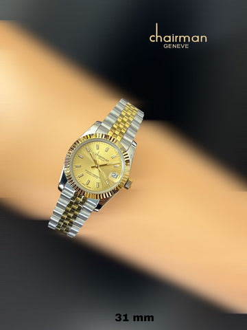 Golden Dated Dial Chairman Geneve Silver Gold Chain Gents Watch
