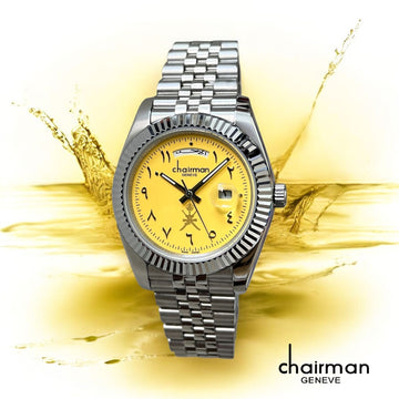 OMAN Emblem Chairman Geneve Day And Dated Arabic Yellow Dial Silver Chain Gents Watch