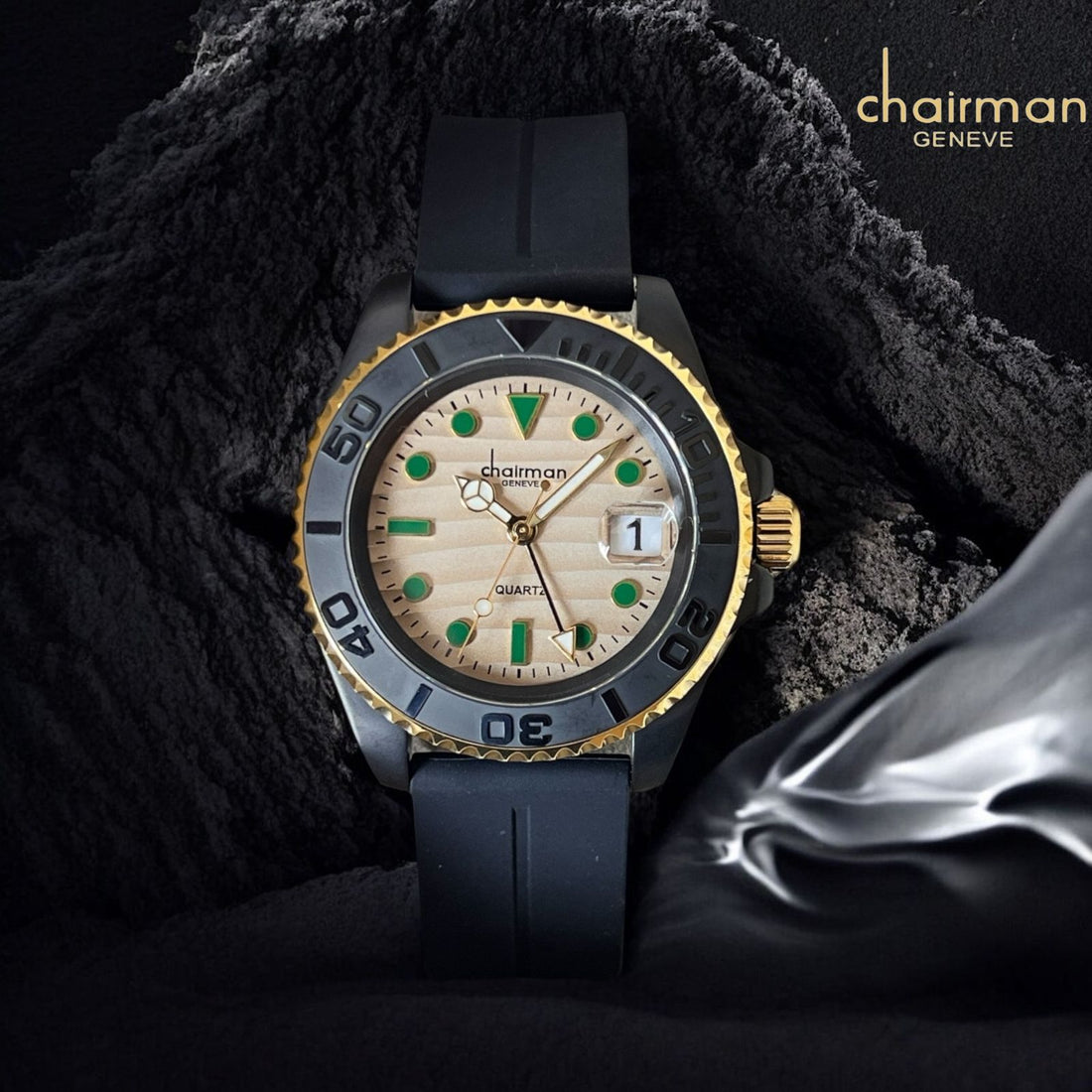 Quartz Chairman Geneve Dated Beige Dial Black Strap Gents Watch