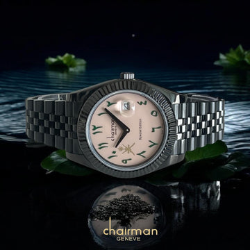 Special Edition Chairman Geneve Dated Arabic Pink Dial Black Chain Gents Watch