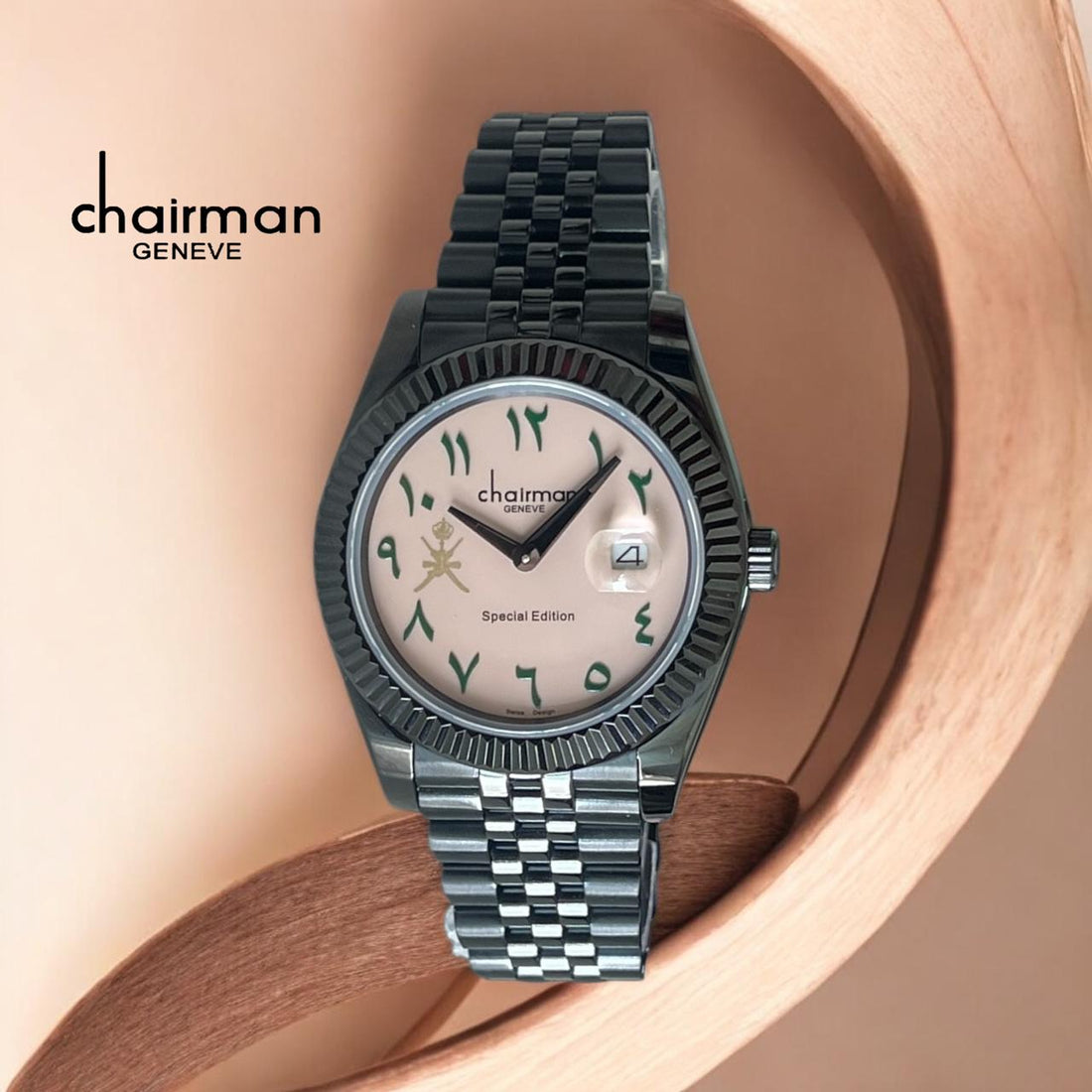 Special Edition Chairman Geneve Dated Arabic Pink Dial Black Chain Gents Watch
