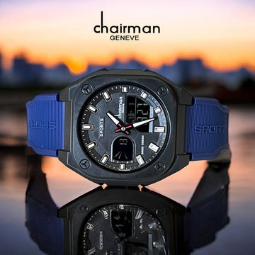 Sports Chairman Geneve Black Dial Blue Strap Gents Watch