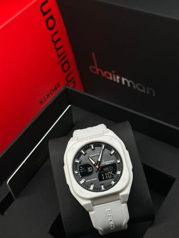 Sports Chairman Geneve Black Dial White Strap Gents Watch