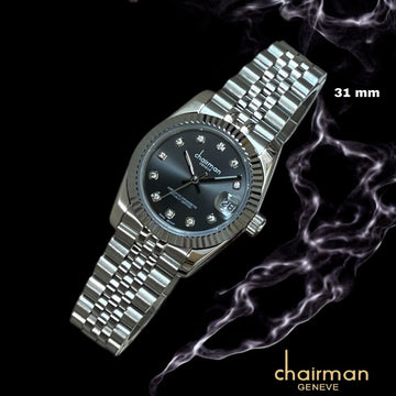 Stone Black Dated Dial Silver Strap Chairman Geneve Gents Watch