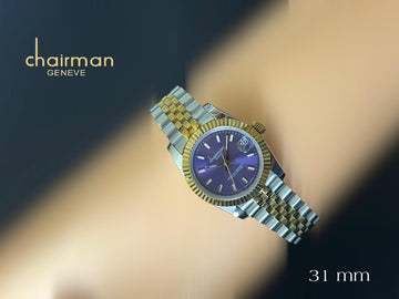 Superlative Chronometer Chairman Geneve Purple Dated Dial Silver And Gold Strap Gents Watch