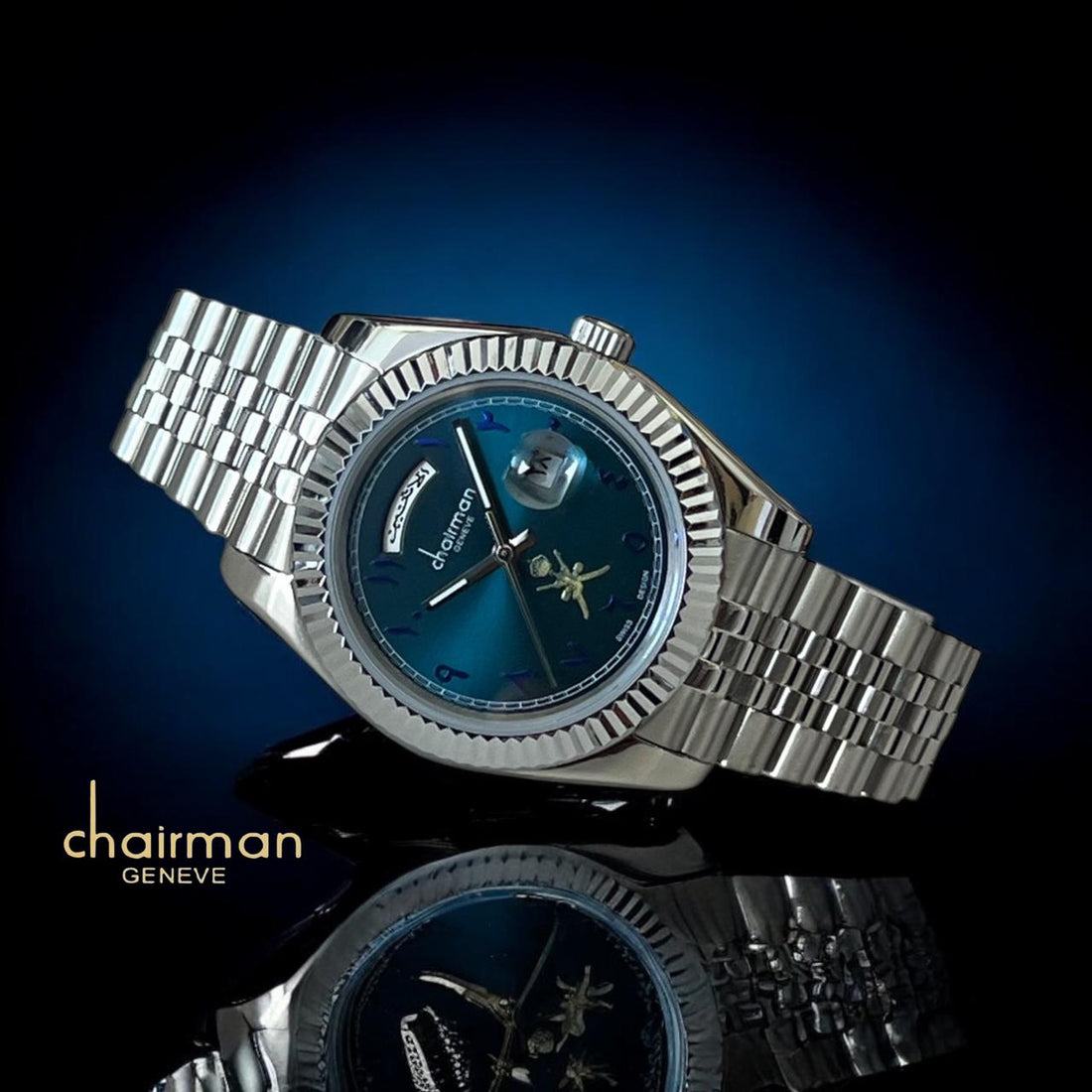 Swiss Design Chairman Geneve Day And Dated Blue Dial Silver Strap Gents Watch