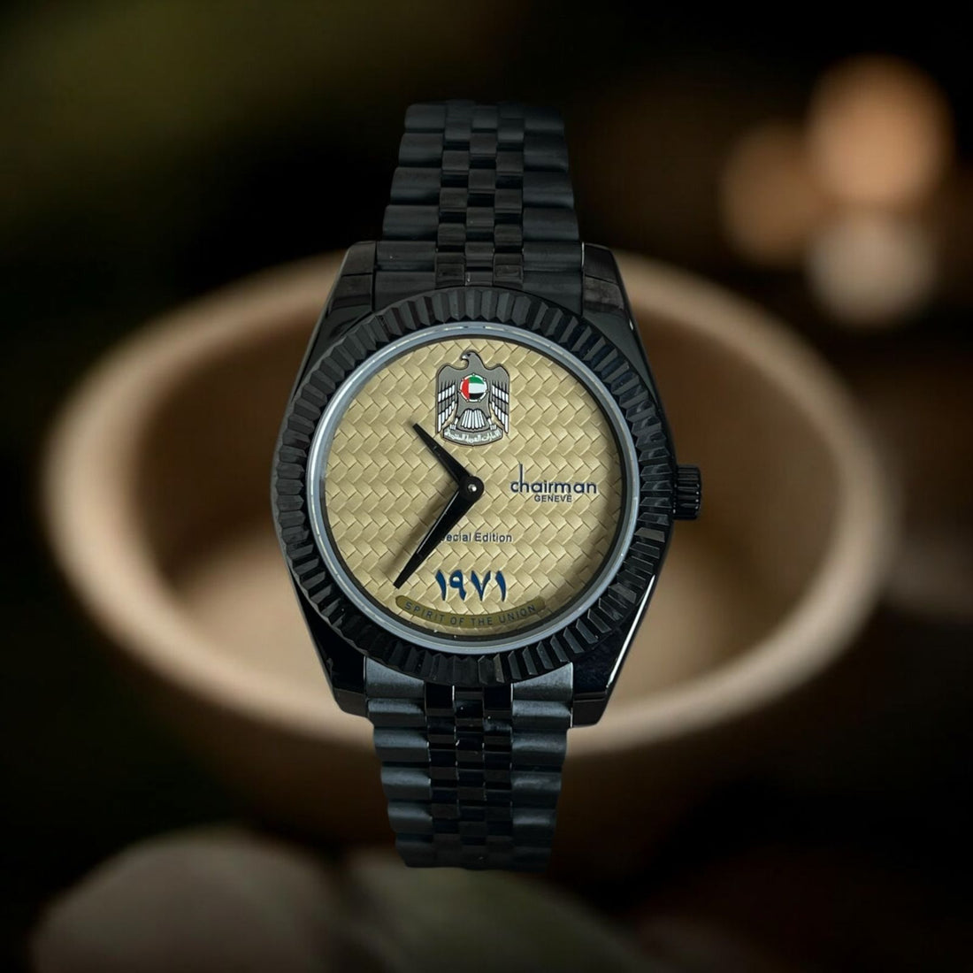 UAE Emblem Cream Dial Special Edition Chairman Geneve Black Chain Gents Watch