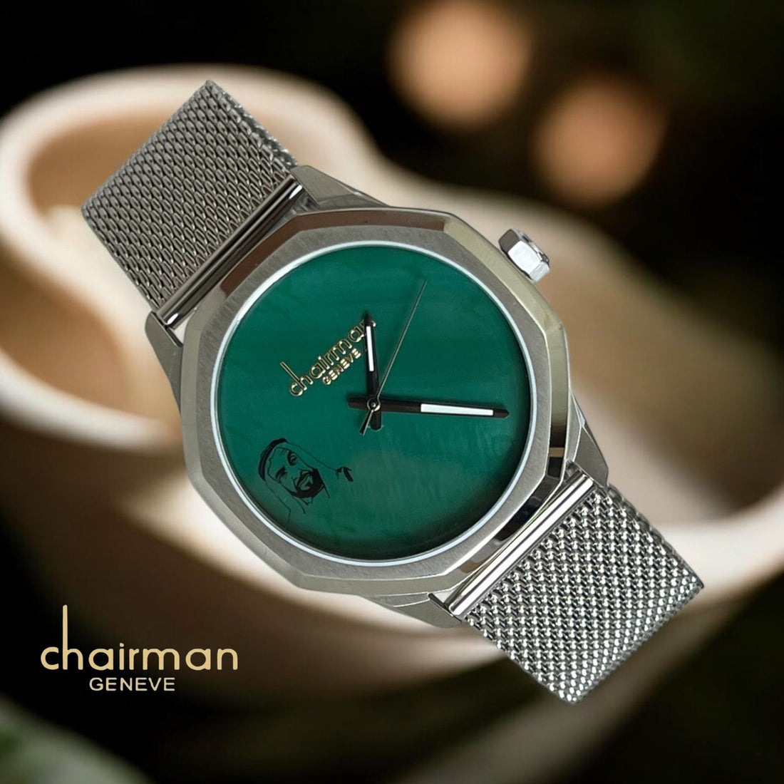 UAE Founder Picture Arabic Green Marble Dial Silver Chain Chairman Geneve Gents Watch